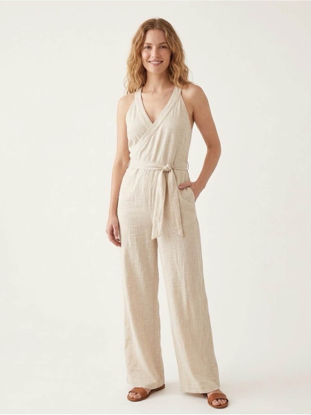 Anthropologie Demi Textured Jumpsuit Cream Wide Leg Size 4 Flawed